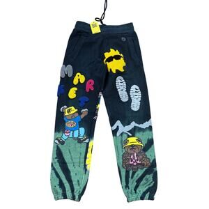 NWT MARKET Chenille Tie Dye Sweatpants Embroidered Black Yellow Green Size Small